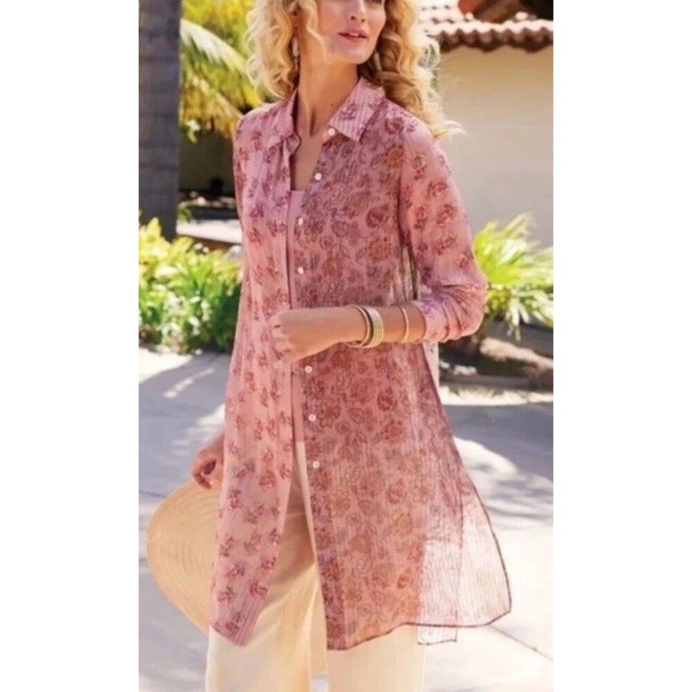 Soft Surroundings Long Sleeve Button Up Tunic Floral Sheer 2 PZ SZ L(14/16) NWT